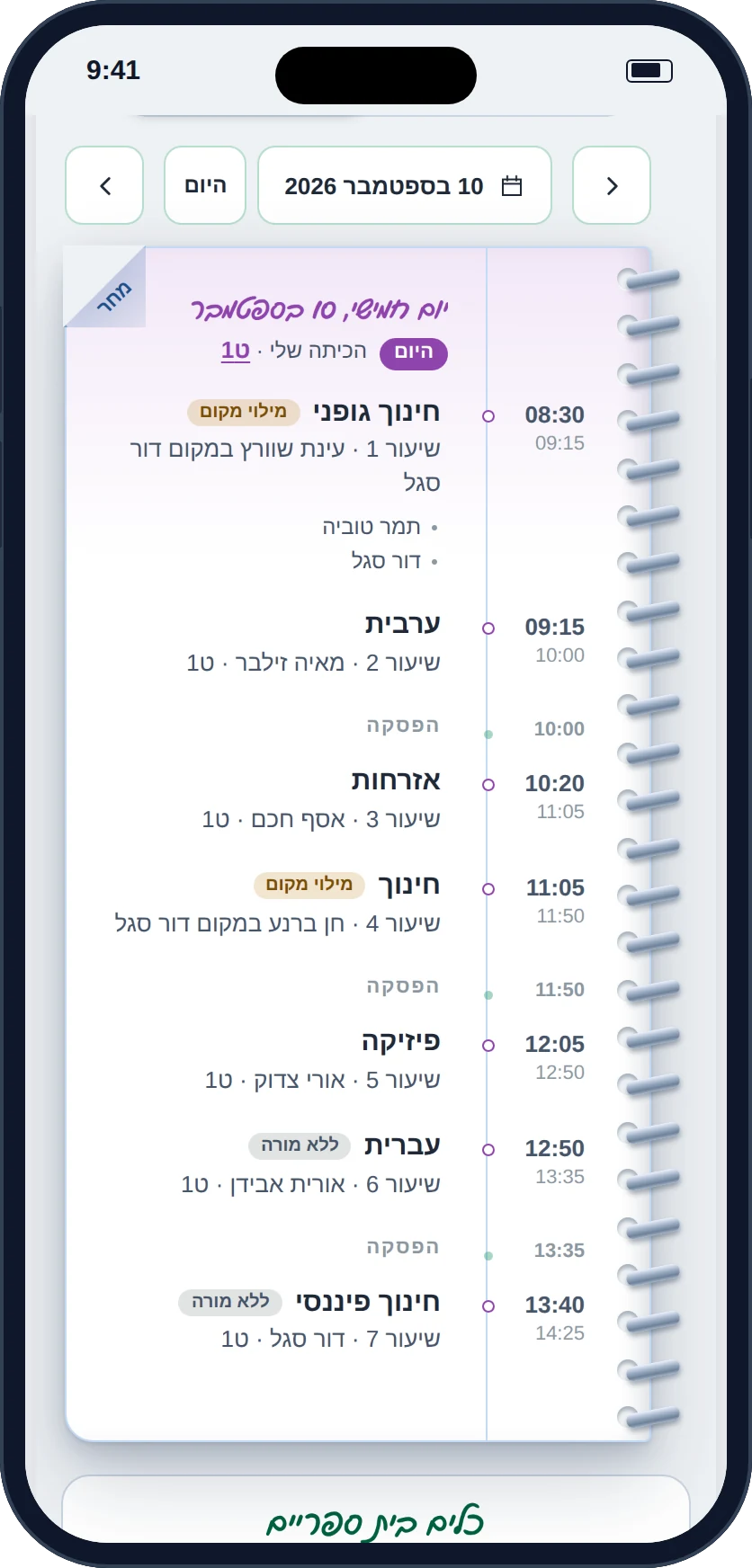 היומן של הכיתה בטלפון, עם מילויי המקום מסומנים